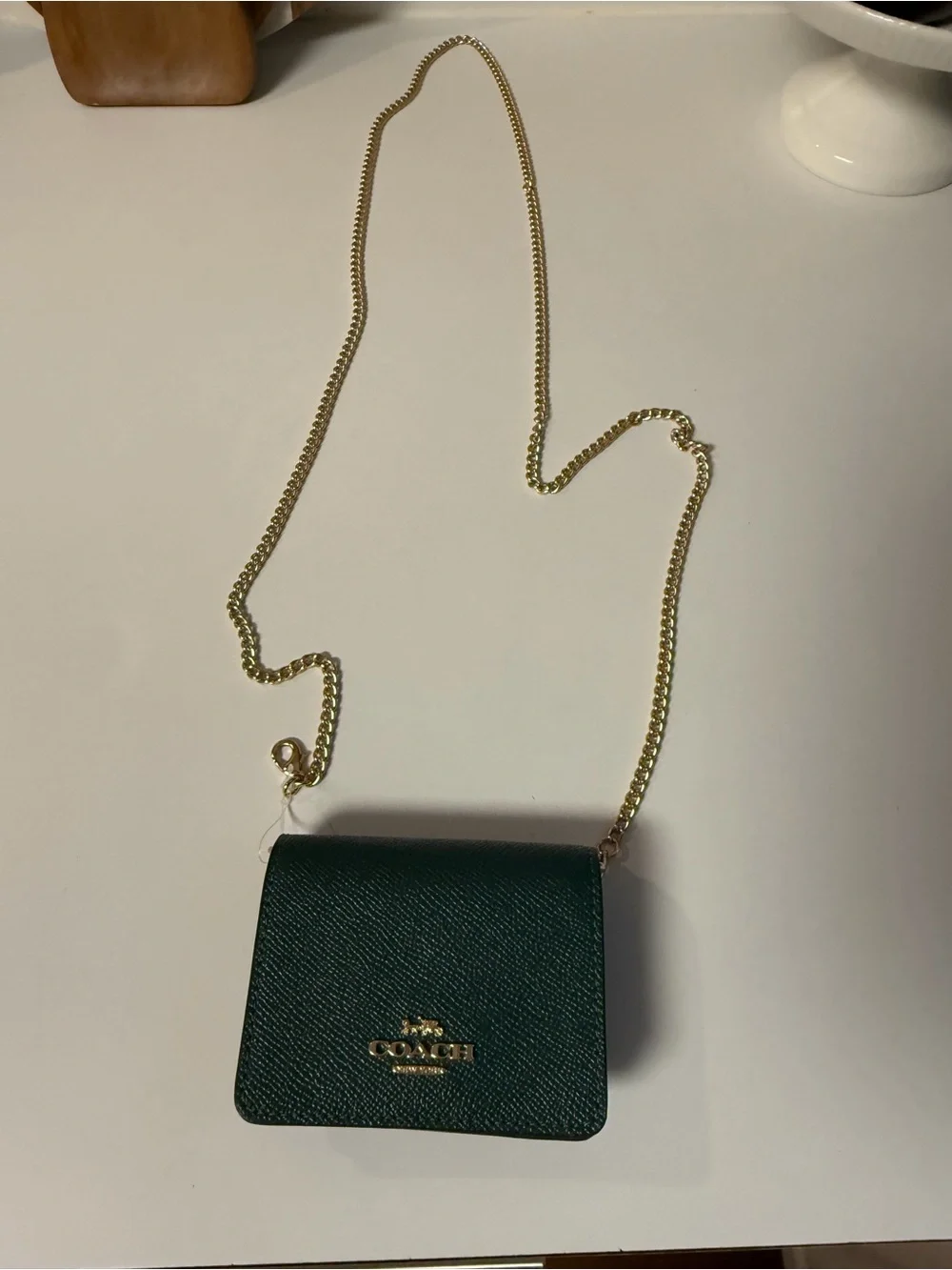 Coach Emerald Green Mini Chain Crossbody Wallet with Gold Hardware